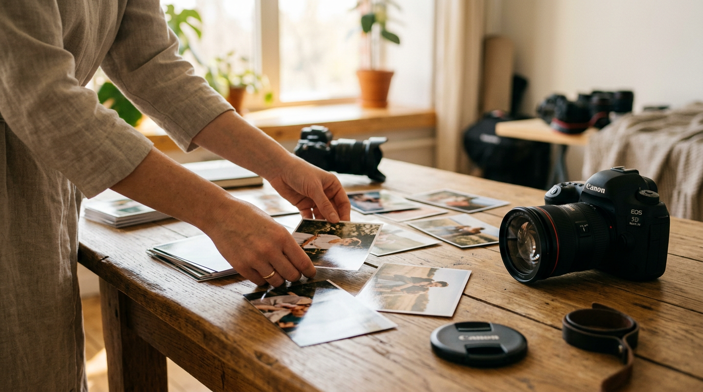 Hands arranging printed photos and a camera on a wooden table