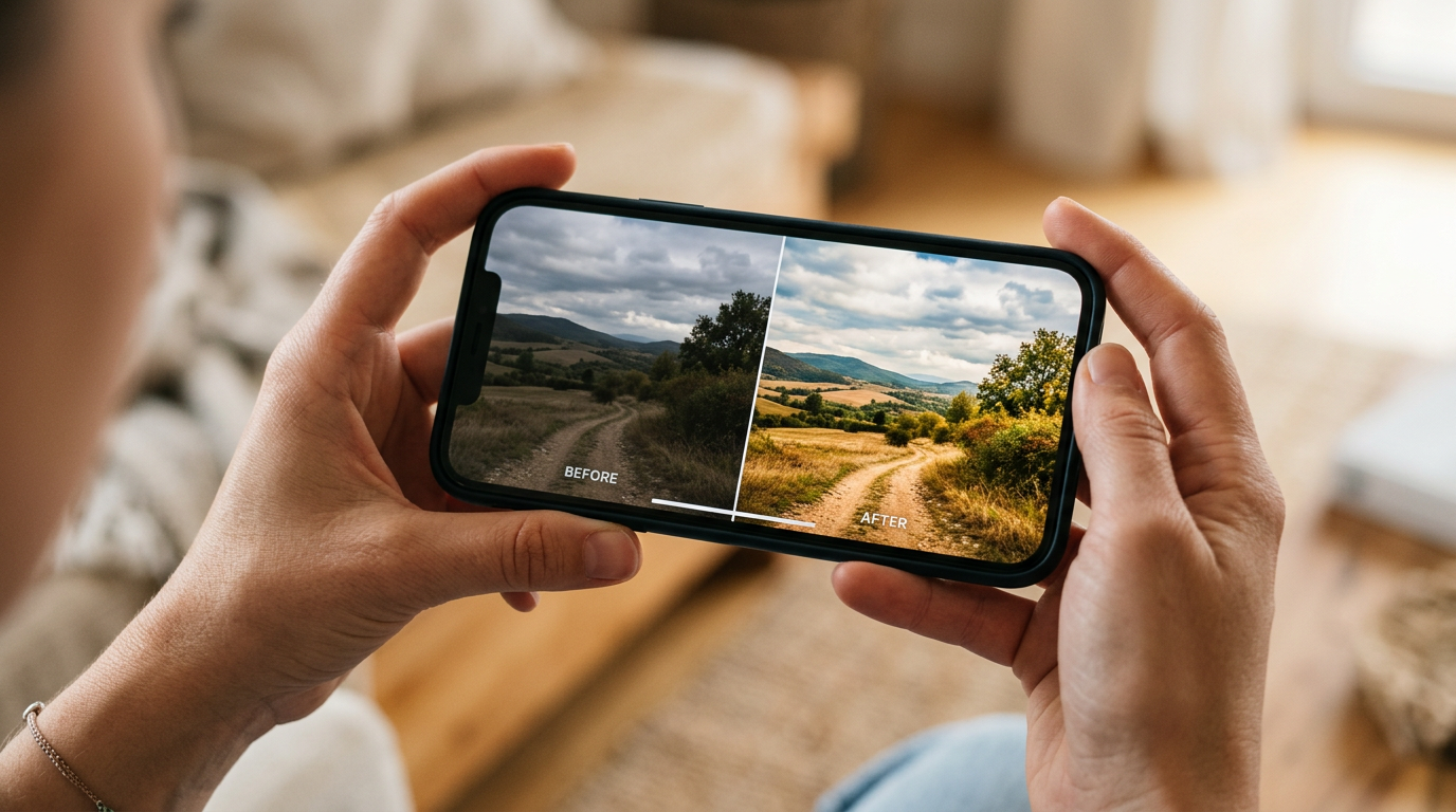 Smartphone displaying side-by-side before and after images of the same photo
