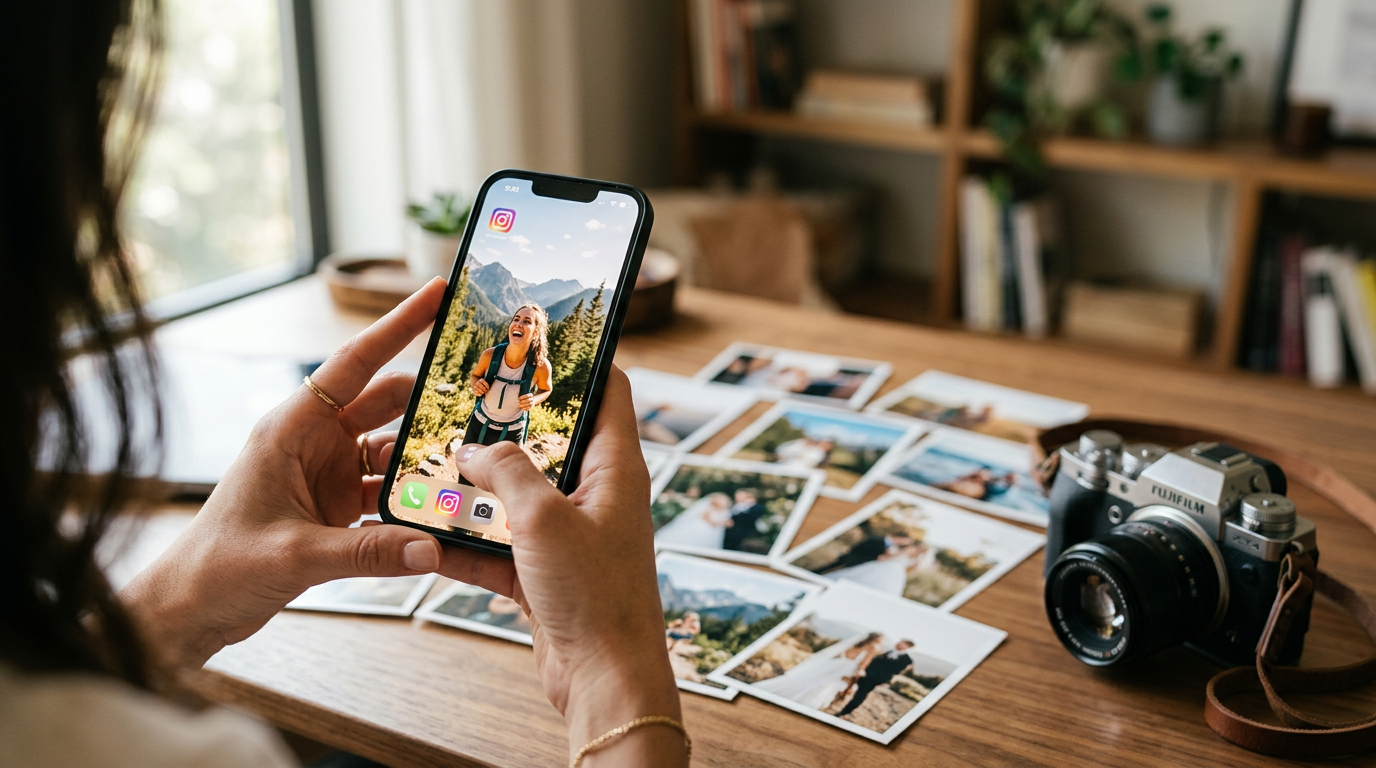 Person holding a phone displaying a high-resolution photo with printed photos on the table