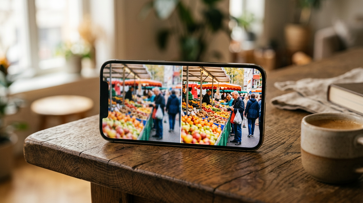 Smartphone showing a sharp upscaled photo next to the original