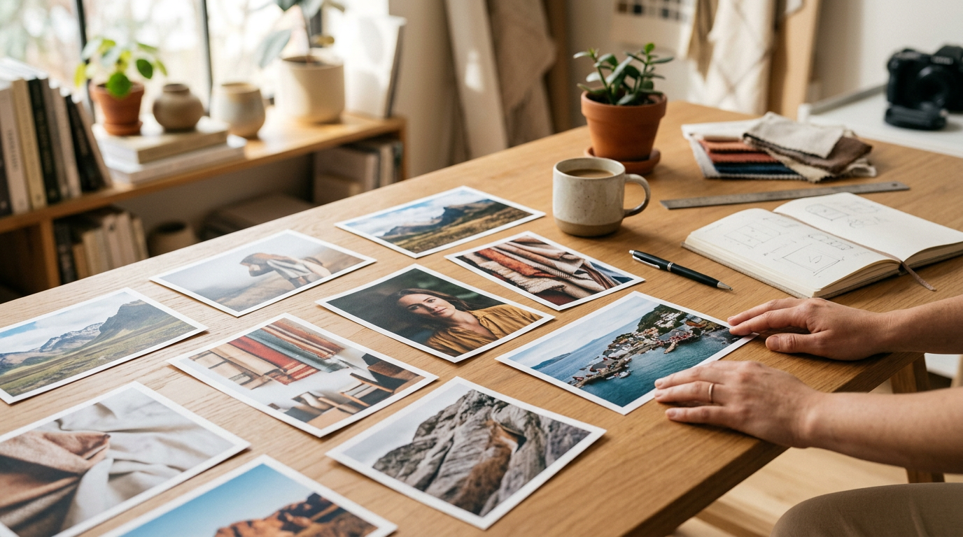 Prints of photographs laid out on a desk, showing improved detail