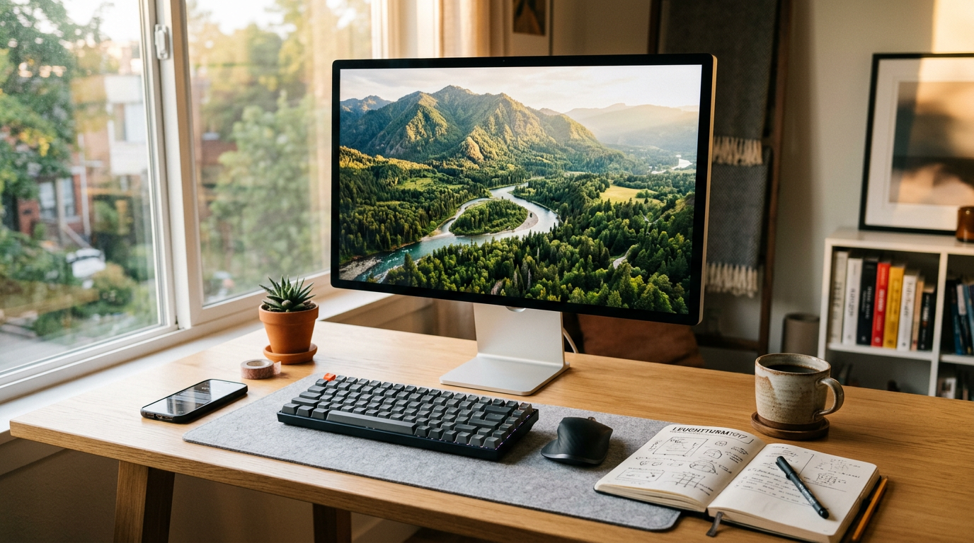 A designer's desk with a large monitor showing an upscaled image and tools around