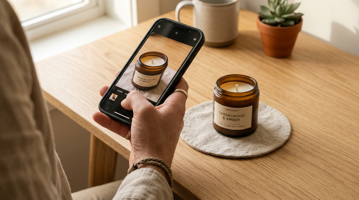A smartphone taking a product photo of a candle on a white background