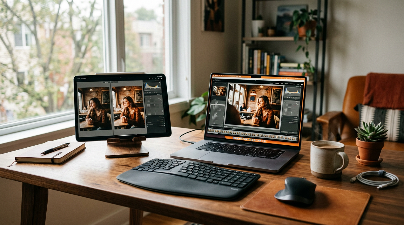 Creator workspace with tablet displaying before and after image edit