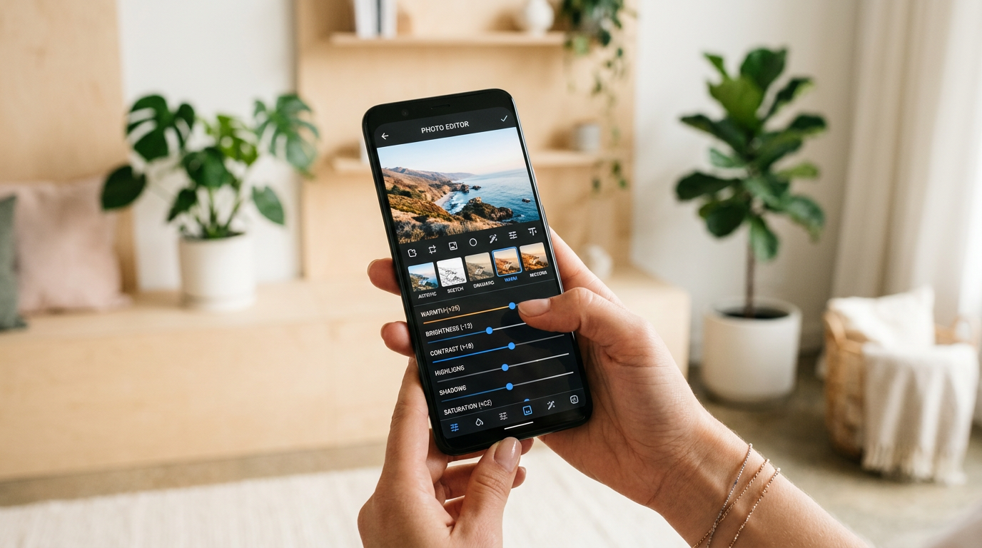 Mobile phone showing real-time style transfer sliders