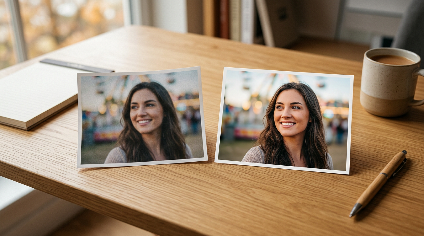 Comparison of low-resolution photo and AI-upscaled high-resolution result