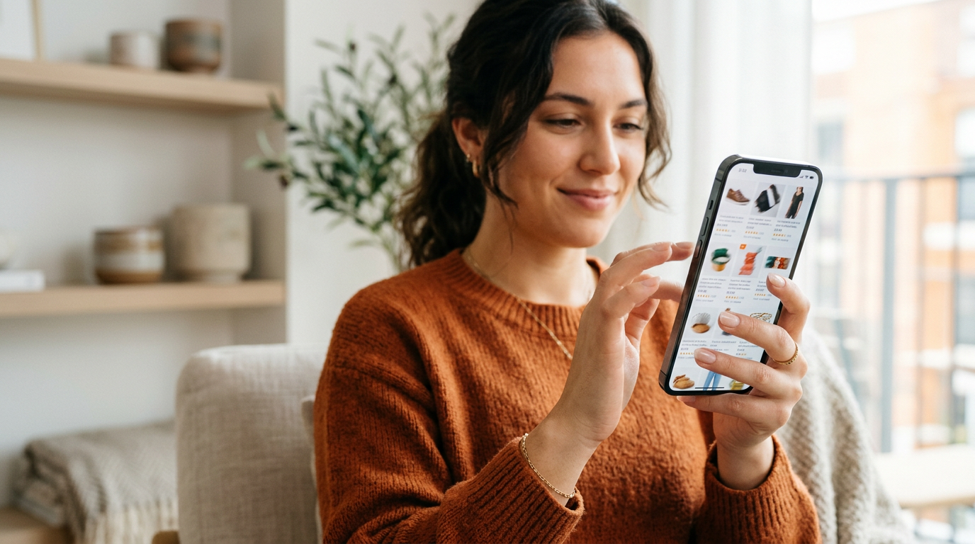 Smartphone showing ecommerce product photos while user scrolls