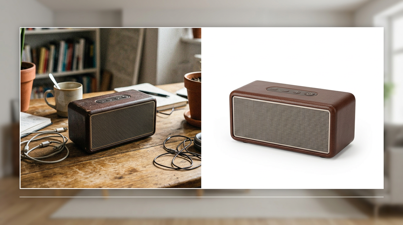 Split view of a product image before and after AI enhancement