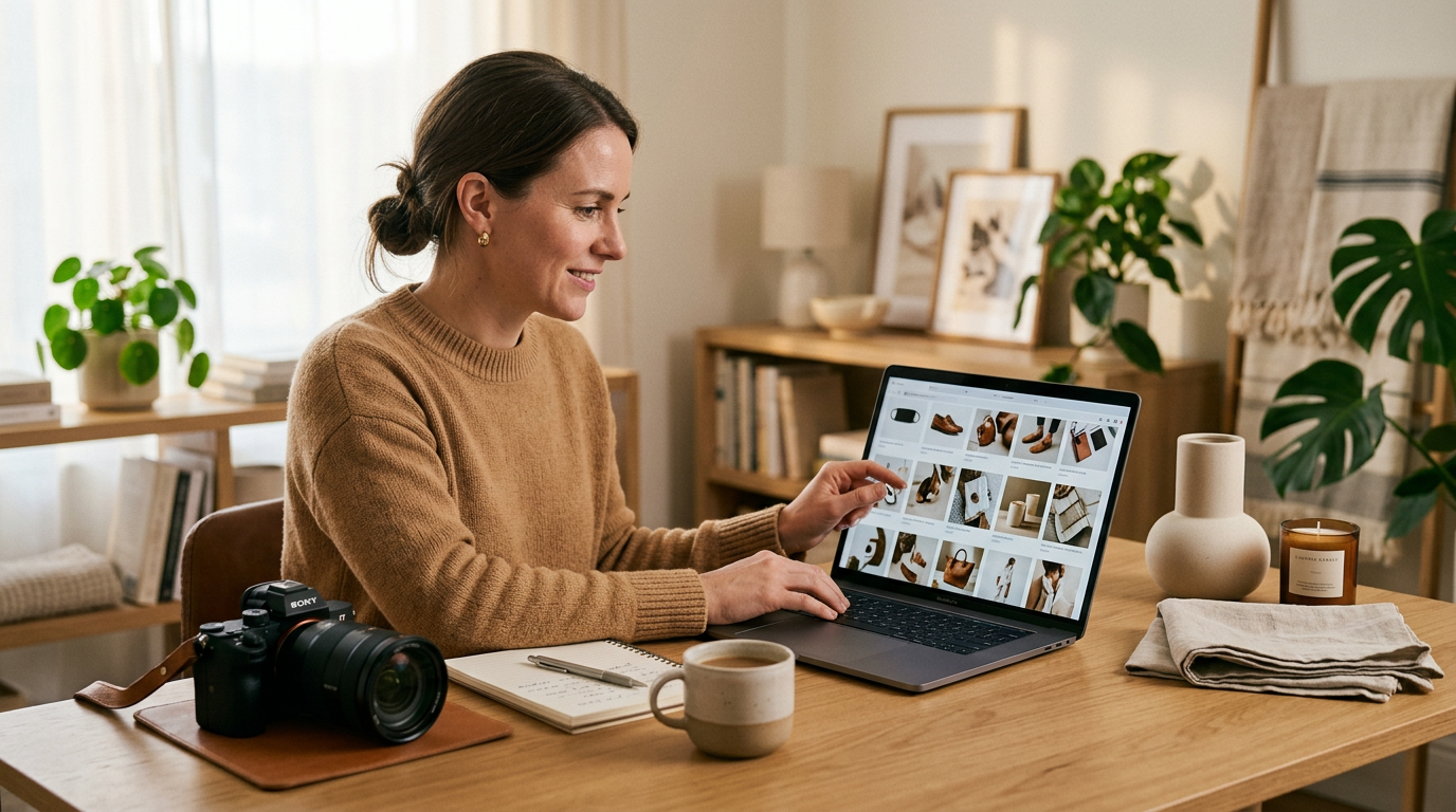 Ecommerce manager checking high-resolution product photos on laptop