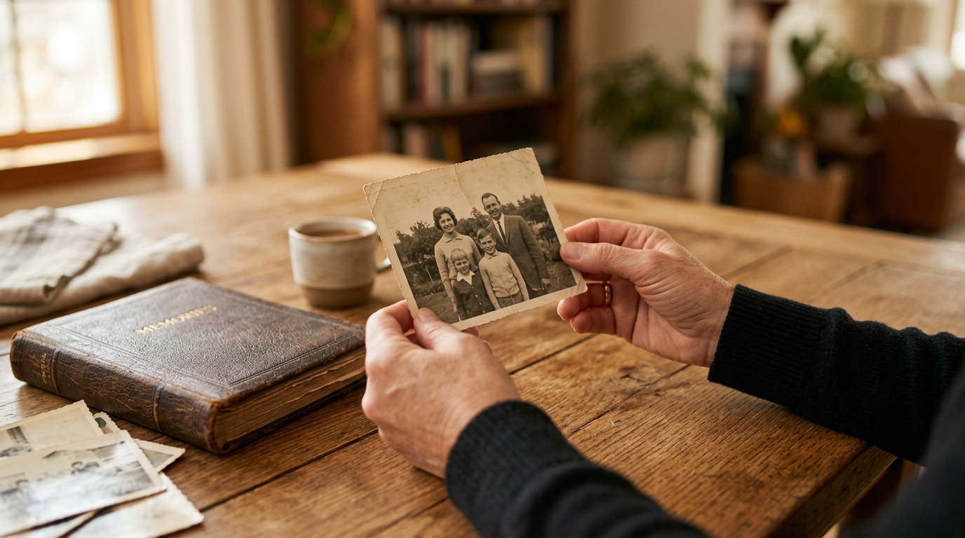Hands holding an old black-and-white family photo over a wooden table
