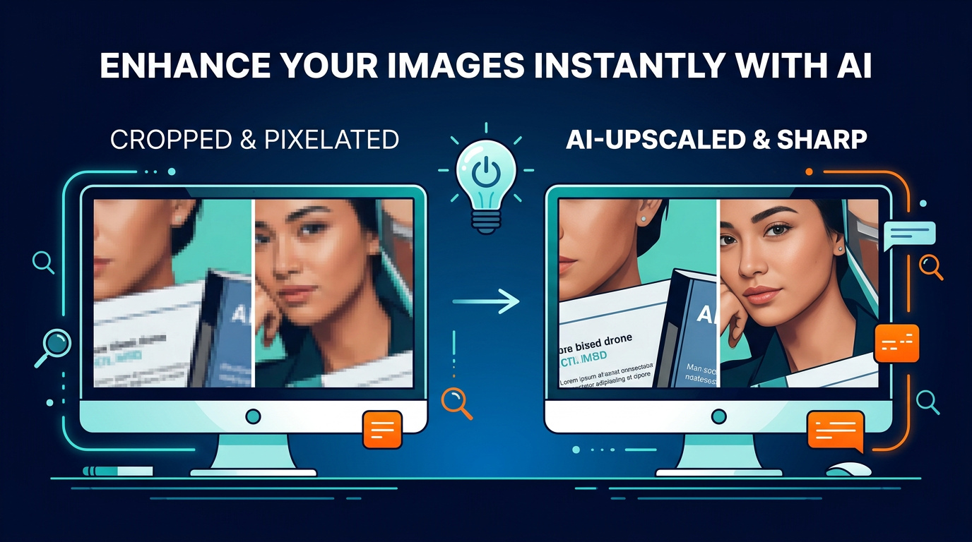 Desktop monitor showing cropped vs AI-upscaled comparison