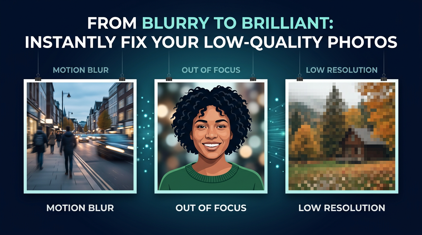 Collage showing motion blur, out-of-focus blur, and low-resolution blur