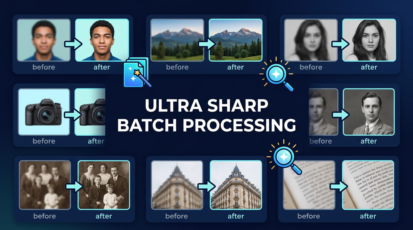 A grid of restored images showing consistent sharp, natural results after batch processing